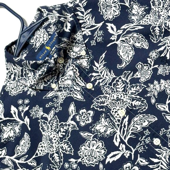 NEW Ralph Lauren Slim Fit M Navy & White Floral Short Sleeve Button-Up Shirt - Picture 2 of 6